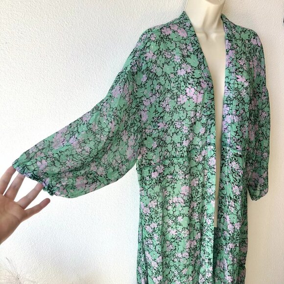 Anthropologie Muche Et Muchette M-L Green Floral Ruffled Duster Kimono Cover Up - Picture 4 of 12